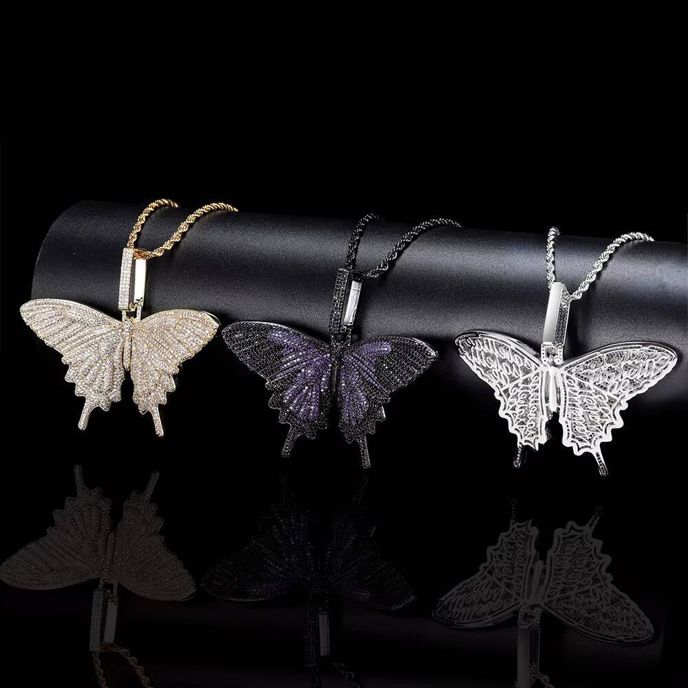 Nuoya Custom Jewelry Iced Out Butterfly Pendant Necklace for Women Hip Hop Full Pave Colorful Moissanite Charm Pendant