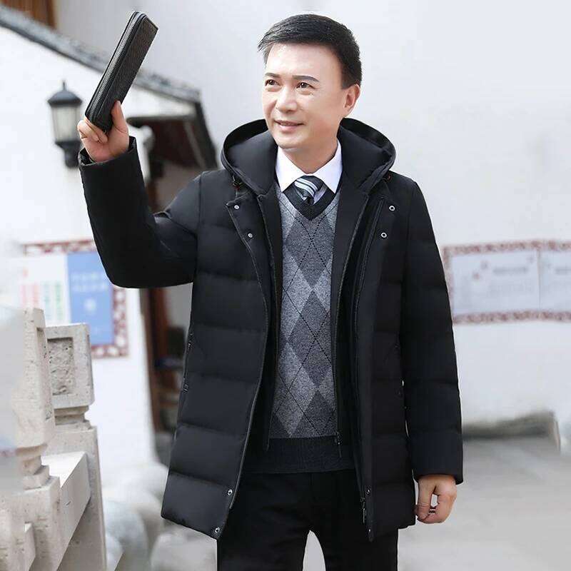 Autumn and long winter warm middle-aged hooded white duck down jacket for men