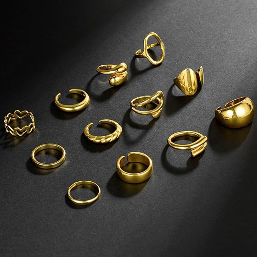 12Pcs Gold Chunky Rings 18K Gold Plated Stackable Open Knuckle Ring Set Hollow Heart Twist Croissant Dome Band Statement Finger Rings for Women Gold T