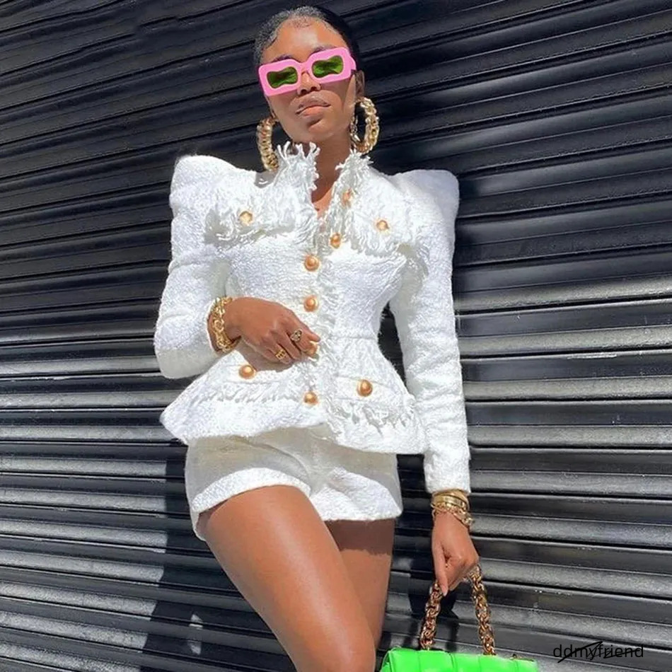 Two-Piece Sexy O-Neck Long Sleeve High Quality Womens Tweed 2 Single Breasted Jacket And Pants Club Party Set 250718 ddmyfriend