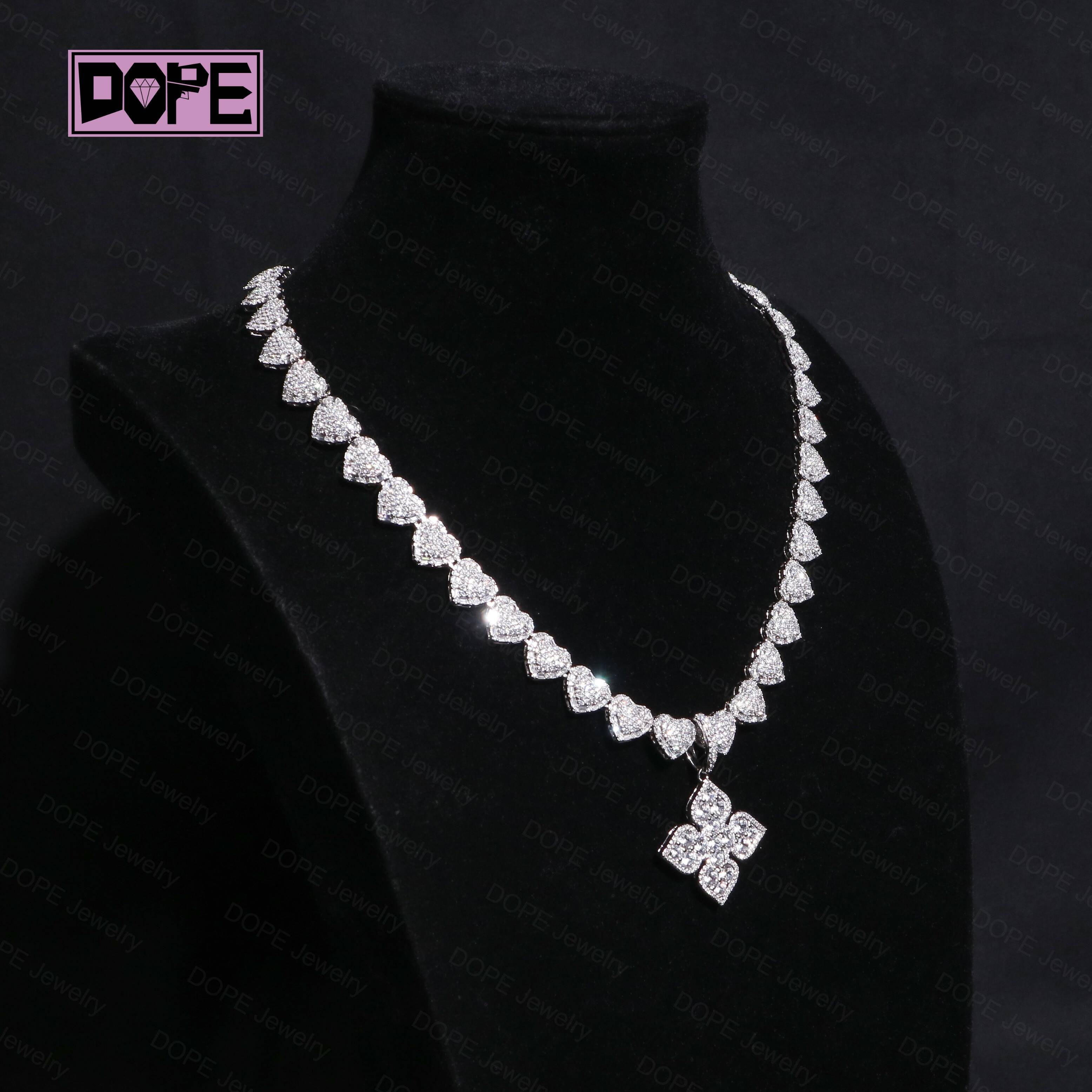 Hip Hop 10mm Moissanite Tennis Chain Cluster Heart Shape Iced Out 925 Sterling Silver Heart Tennis Necklace