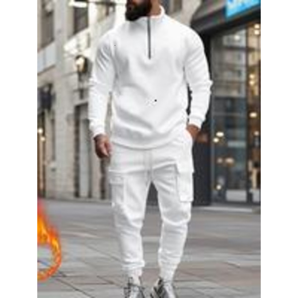 Men's Casual Fleece Lined Fitted Zipper Work Pants Set, Thick Fabric Warm Long Trousers for Fall & Winter, New Arrival Us Style