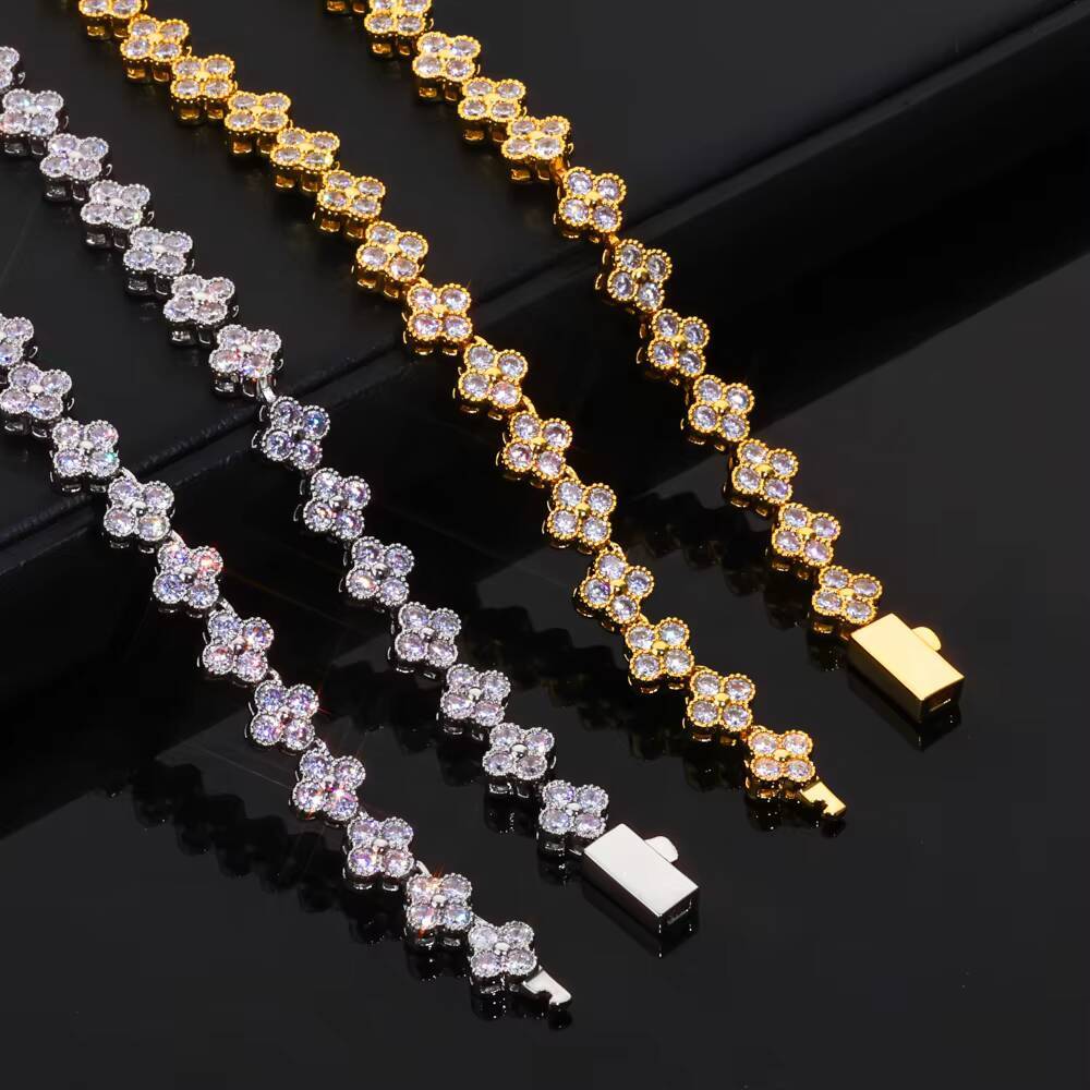 NUOYA Luxury Silver Plated Necklace for Women Four Leaf Clover Plum Blossom Design Iced Out Moissanite Hip Hop Jewelry