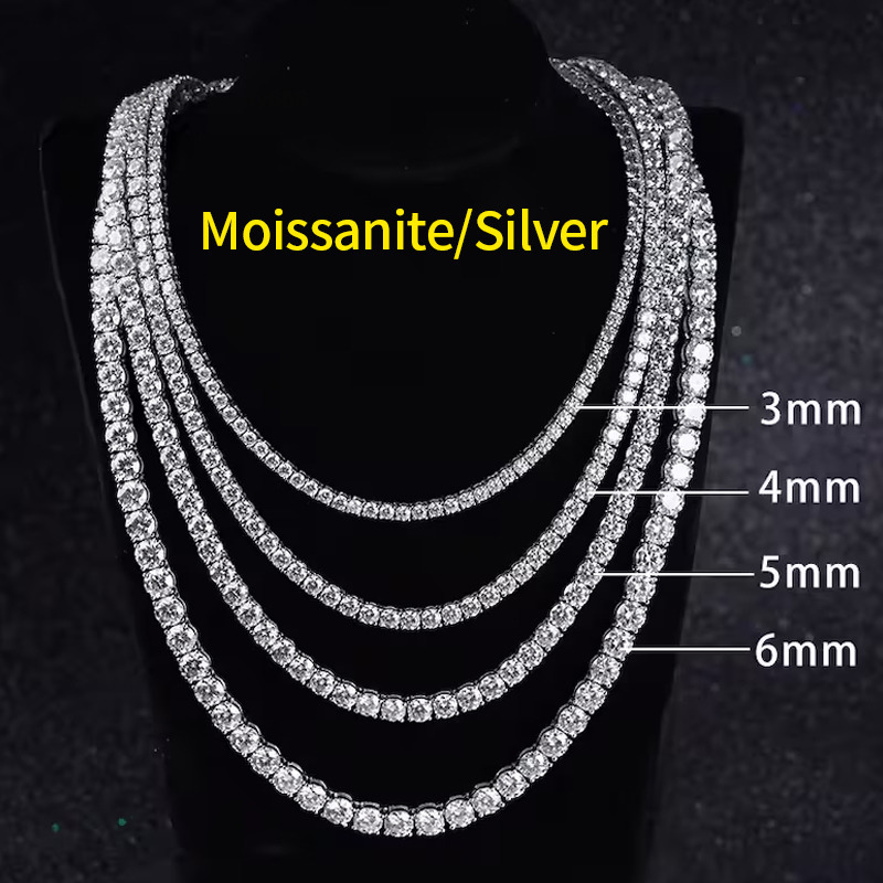 RINNTIN MON Pass Diamond Tester Hip Hop Jewelry 20mm 3mm 4mm VVS Moissanite Diamond 925 Silver Iced Out Tennis Chain Necklaces