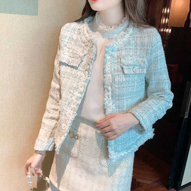 Korean Sweet Tweed Jacket for Women Fashion Pearls Decor Round Neck Dress Coats Woman Long Sleeve Chic Jackets Female Z250918
