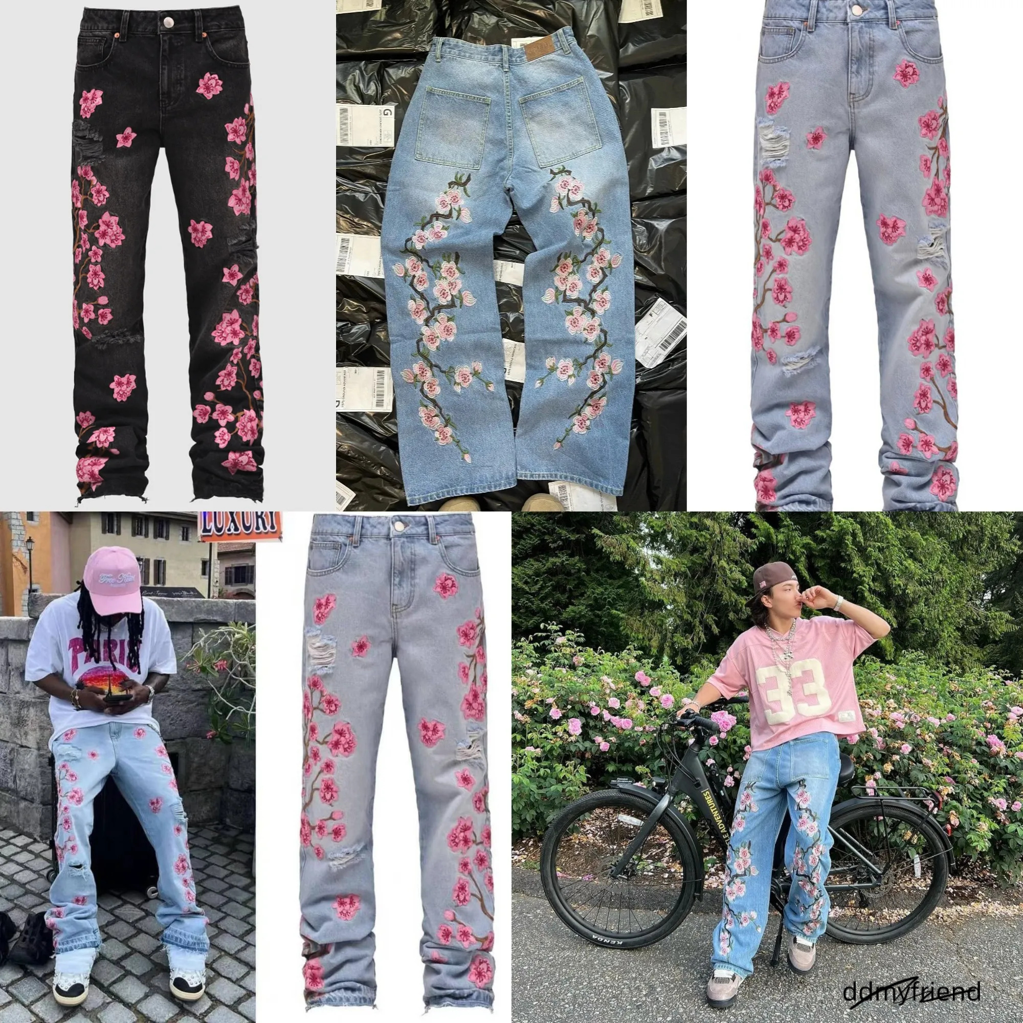 Men's Jeans Men Fashion Denim Pants Floral Embroidery Ripped With Pockets Casual Trousers Vintage Streetwear ddmyfriend