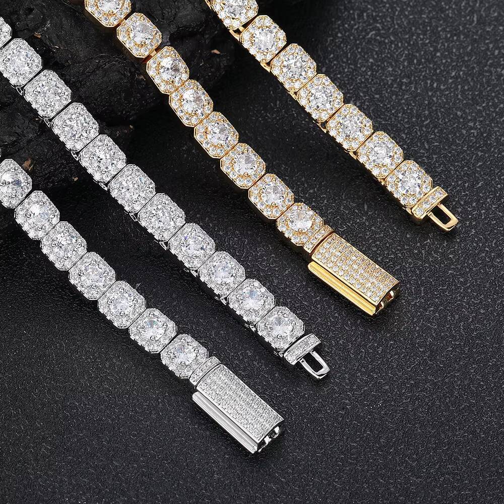 NUOYA Iced Out Cluster Tennis Chain Necklace 7mm Gold Plated Shiny Diamond Cut Moissanite Thin Fine Hip Hop Jewelry