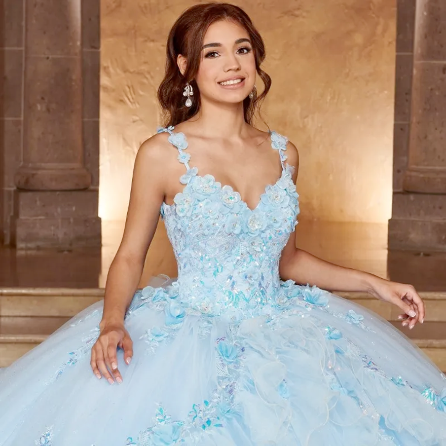 Sky Blue Shiny Princess Quinceanera Dress Lace Applique Flower Beaded With Cape Mexico Sweet Vestidos De XV Anos