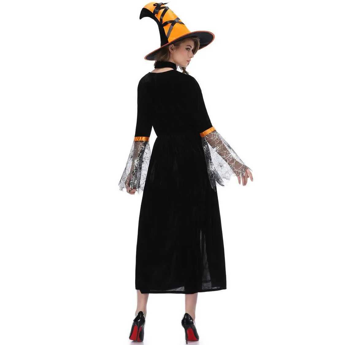 Orange Halloween Witch Costume Cosplay Cobweb Wizard Costume Demon Vampire Witch Dress L250918