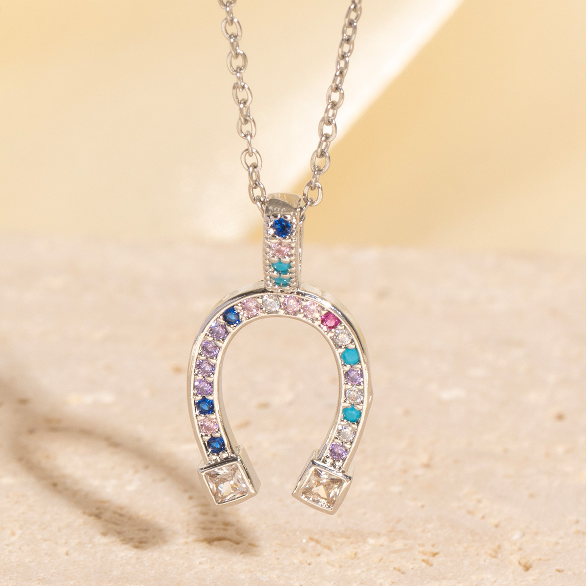 Gold - Toned Horseshoe Pendant Necklace With Rainbow Gemstones And Sparkly Accents Delicate Daily & Charming Jewelry Gift For Her Premium & Fashionabl