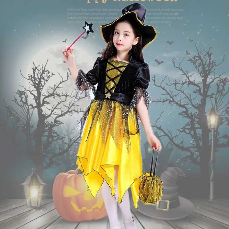 Girls Witch Costume 215Y Fairytale Wizard Dress with Hat Kids Halloween Pumpkin Print Baby Bat Spider Cosplay Outfit L250918