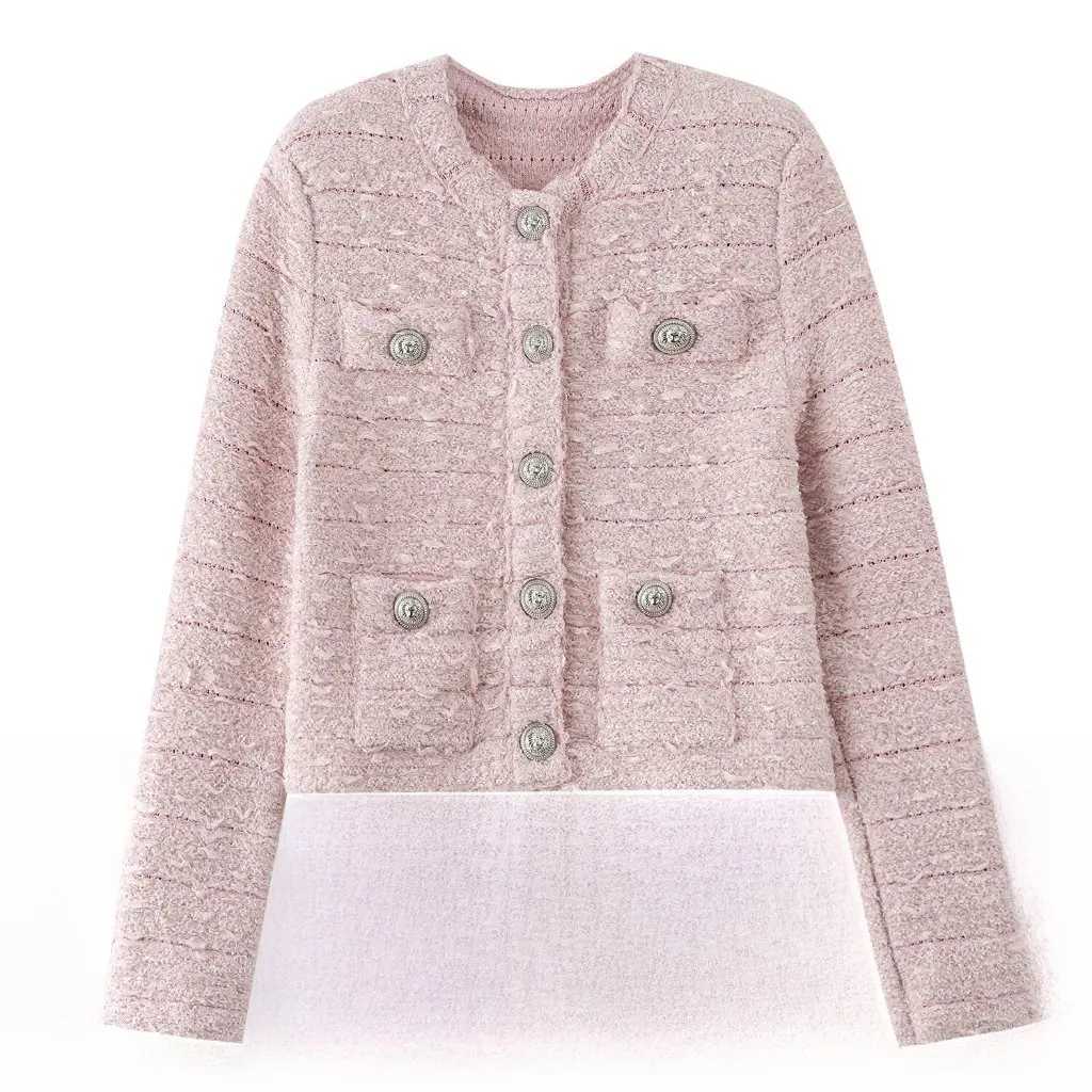 French B Home Elegant Tweed Knitted Jacket for Women Long Sleeve Crewneck Metal Buckle Small Fragrant Style Autumn Winter Z250918