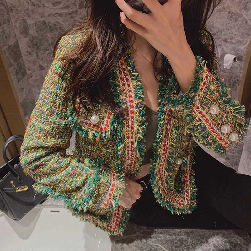 New High Quality Designer Women Tweed Jackets v neck 2022 Spring Autumn Womens Long Sleeve Pearl Button Slim Tweed Coats QT52 Z250918