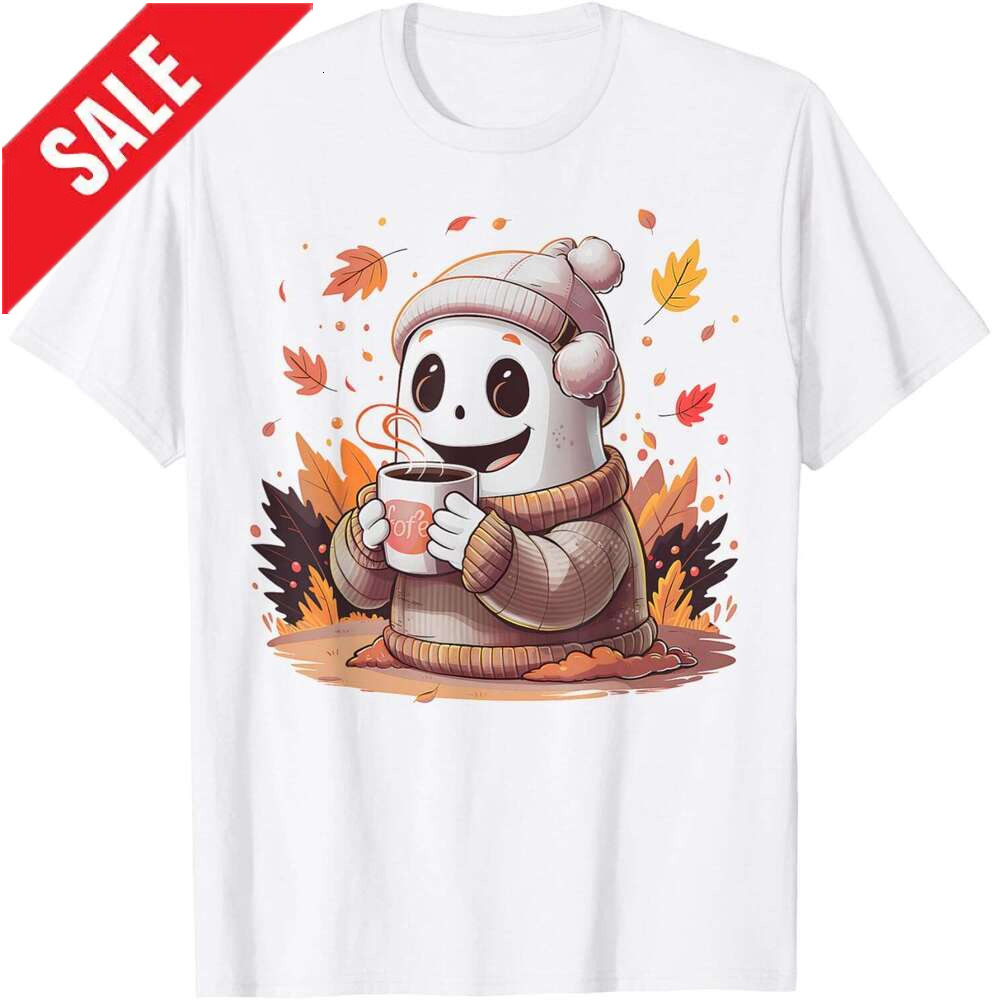 T shirt for Mens Autumn Fall Cozy Ghost with Coffee Cute Halloween Costume T-Shirt Shirts Tshirt Graphic Tee Casual Tops Clothes Short sleeve 2025