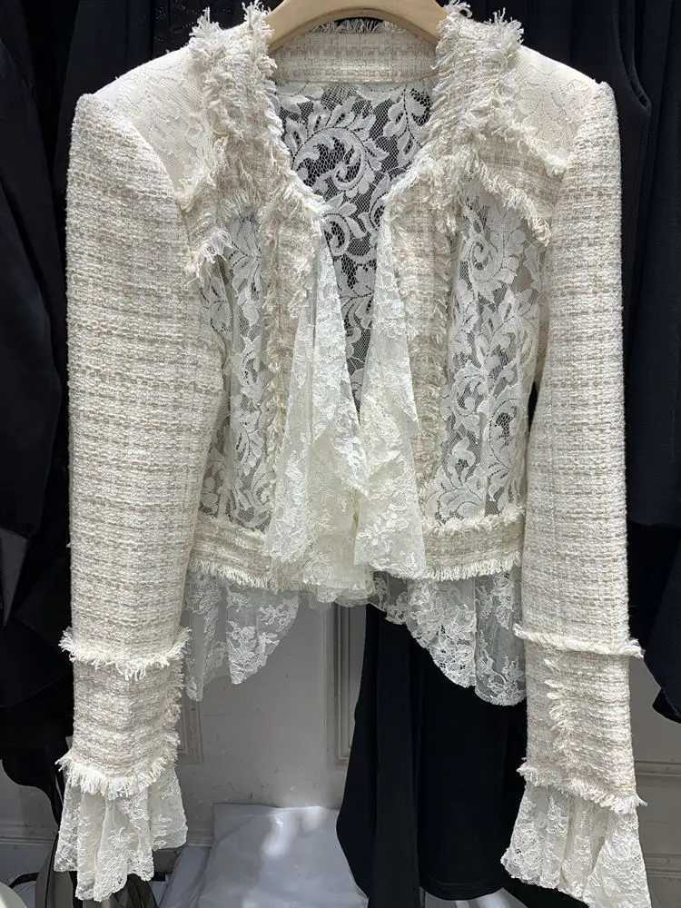 Autumn new Elegant Ladies tweed woven lace patchwork jacket for Women Slim Fit Short Cardigan Coat Y4268 Z250918