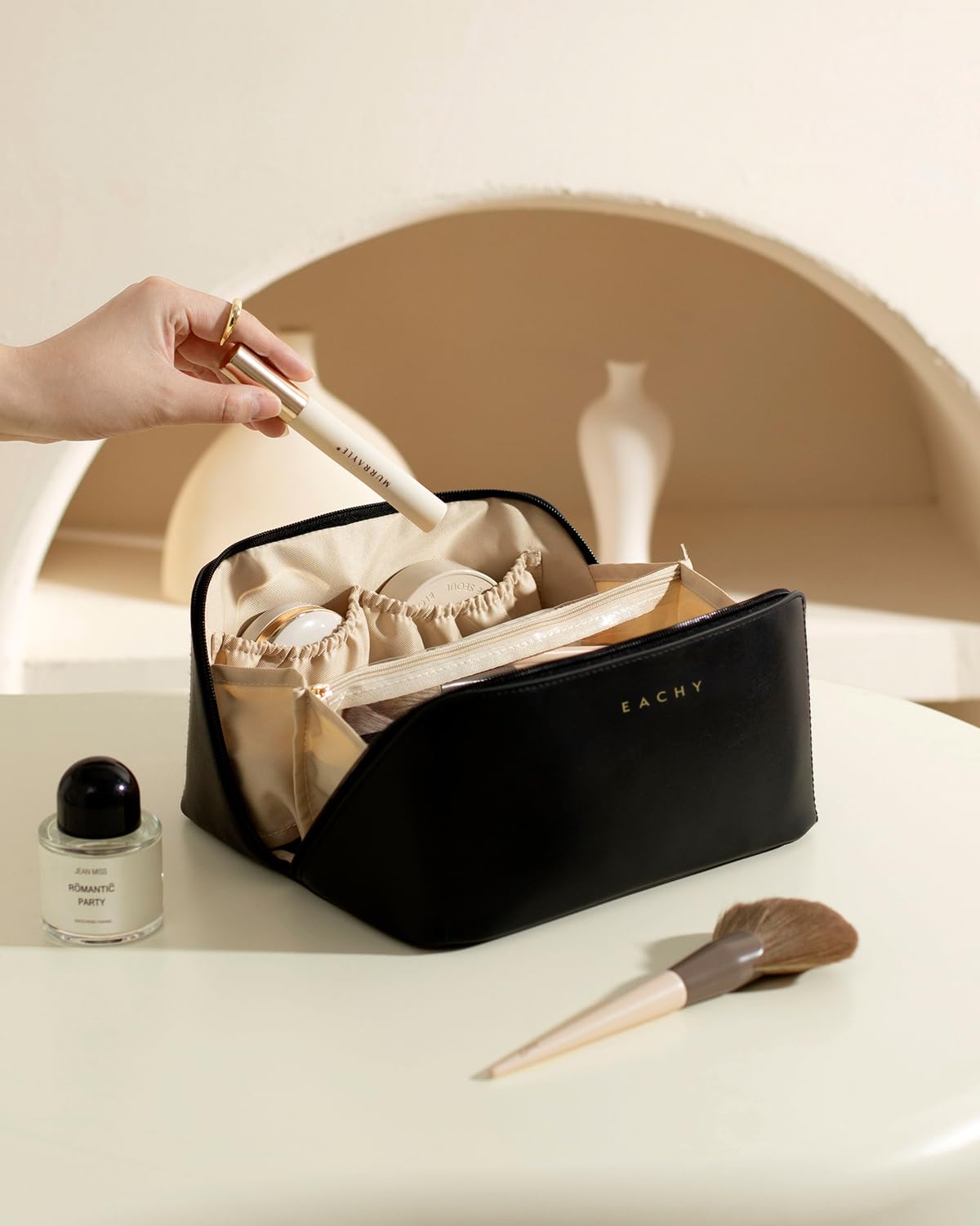 Flat Lay Travel Cosmetic Bag Waterproof Roomy Printed Women Makeup Organizer Portable Toiletry Storage Bag