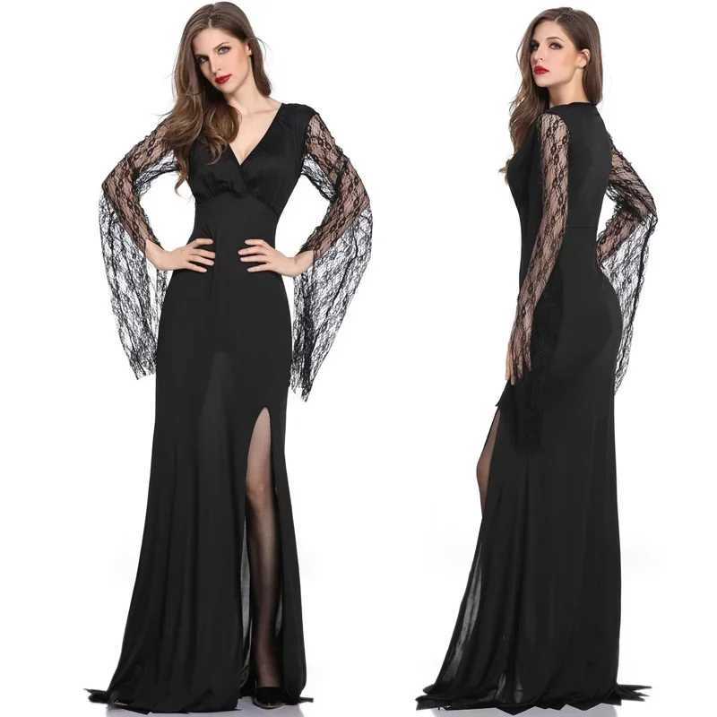 Women Sexy Slim Lace Sleeve Medieval Black Long Dress Adult Vampire Evil Cosplay Outfit Halloween Fantasia Party Fancy Dress L250918