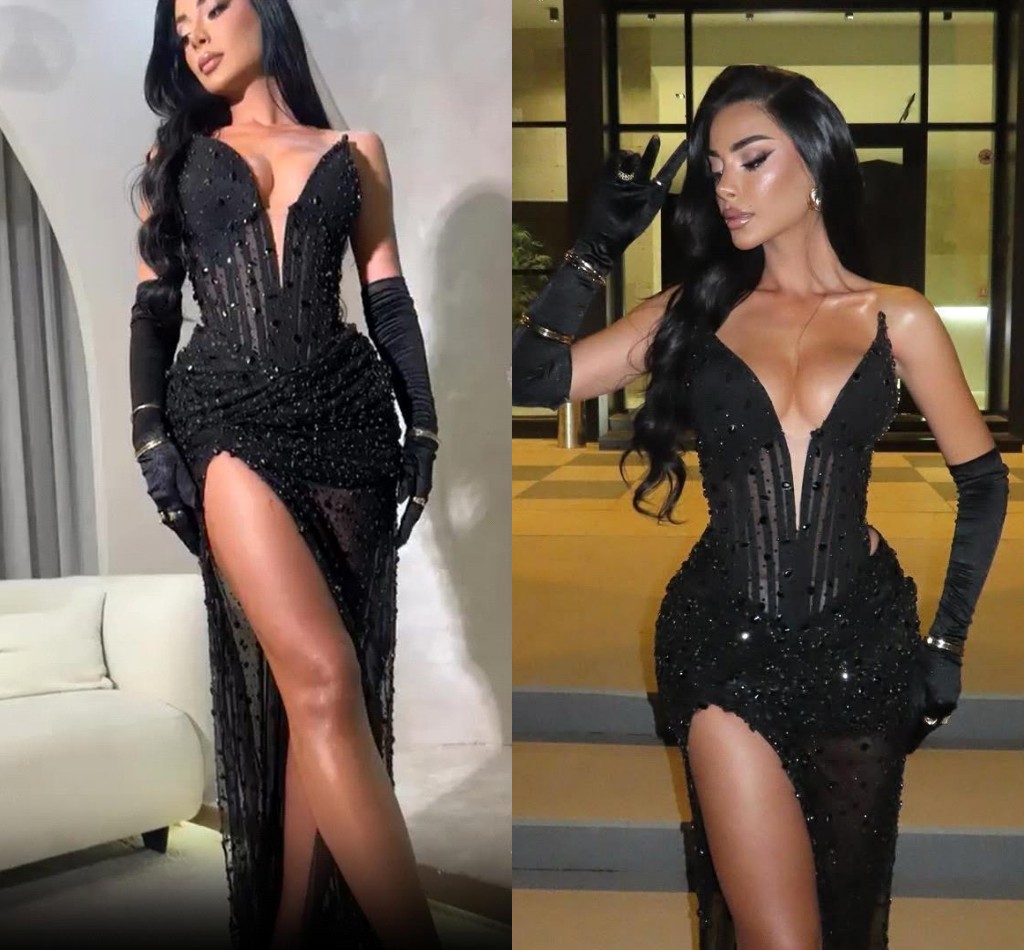 Sexy Black Split Evening Dresses Sweetheart Plunging V Neck Beadings Sequins Women Formal Party Occasion Robes Prom Gowns BC20747