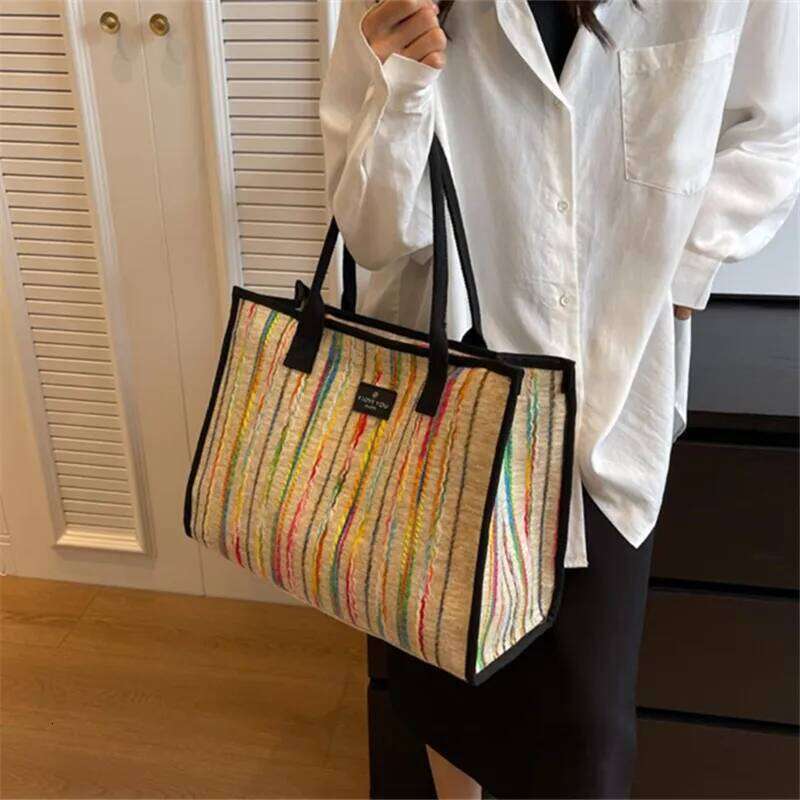 Designer Bag Luxury Bag Large Capacity Commuting Women's Single Shoulder Diagonal Cross Bag, Stylish And Versatile,Rainbow Striped Canvas Tote Ba