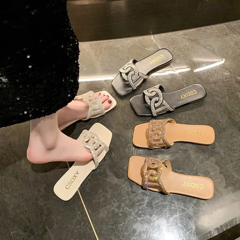 Summer Sandals for Women Flat Sandal Sparkle Rhinestone Slide Trendy Womens Beach Sparkly Dressy Slip on Bling Casual Shoes 250918