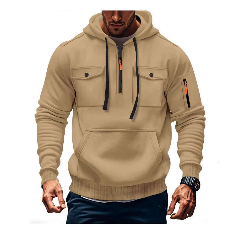 New Autumn Winter Men's Sweatshirt Multi Pocket Hooded Long Sleeve Fleece Jacket Casual Sports