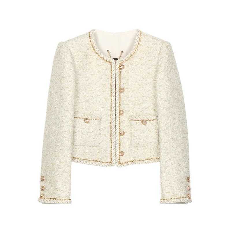 Beige High Quality Small Fragrance Coat Women Tweed Round Neck Chain Ribbon Luxury Hook Knit Office Lady Elegant Jacket Z250918