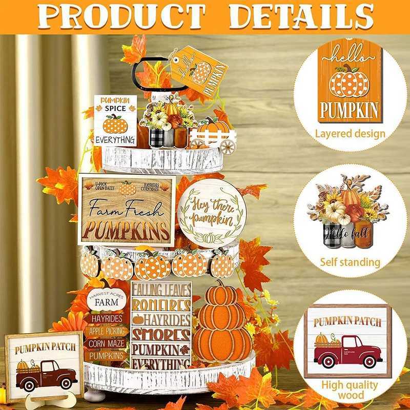 Thanksgiving Day Wooden Desktop Ornament Table Decoration Fall Harvest Tiered Tray Decor Pumpkin Maple Leaf Accents Farmhouse C250919