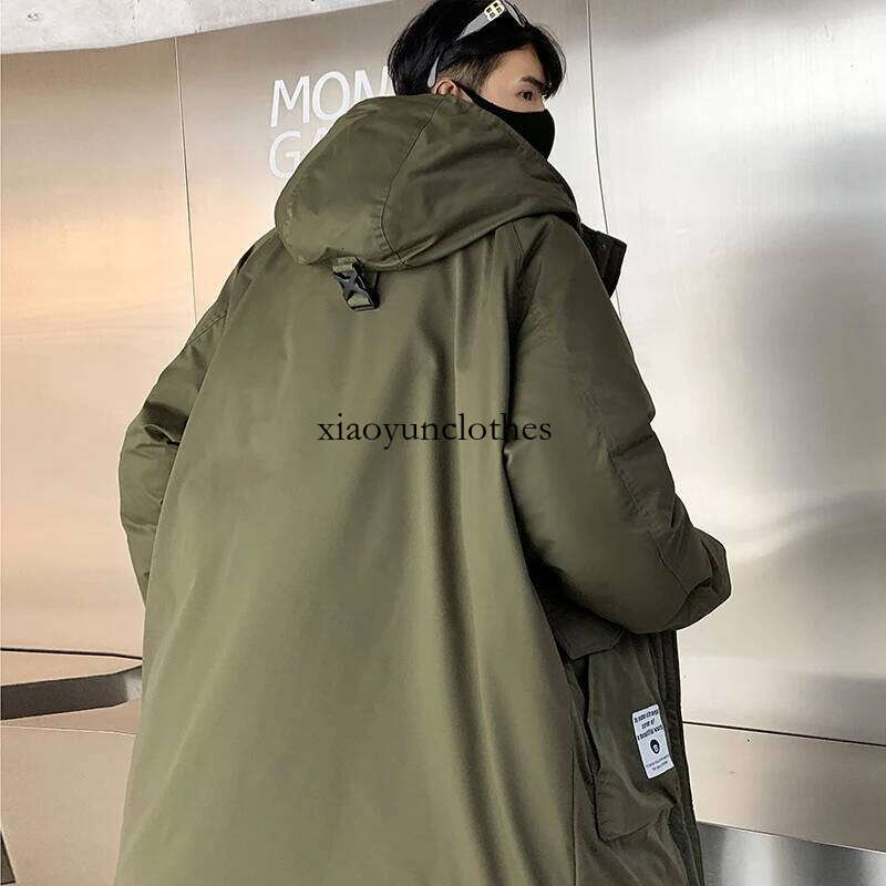 Men's Raglan sleeve Middle length Hooded Coat Winter White Duck Down Jackets Army green Thick Warm Parkas Large pocket Outerwear