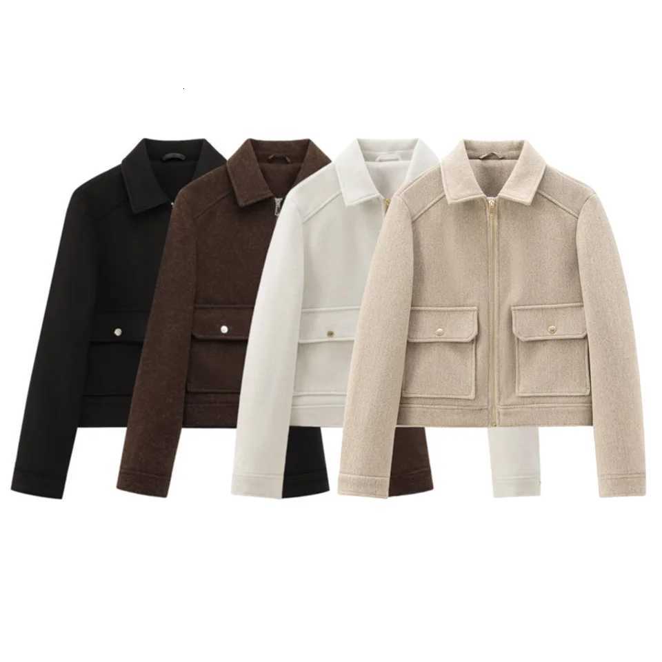 BSKTRAF autumn and winter new womens basic style solid color soft simple large pocket zipper long sleeve lapel short jacket Z250918