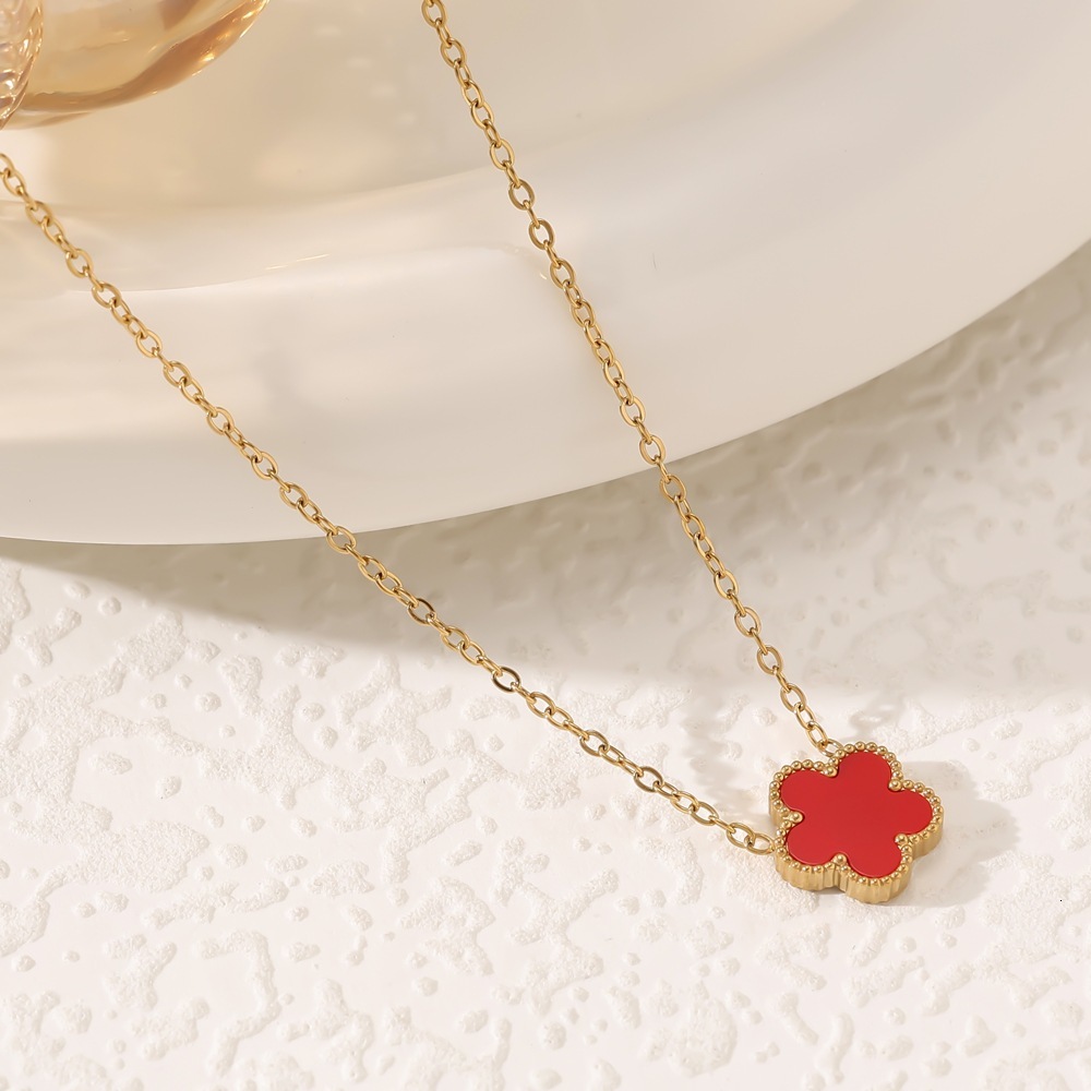 Double-Sided Fritillary Five-Leaf Flower Necklace for Women Trendy Versatile Titanium Steel Lucky Clover Collarbone Jewelry