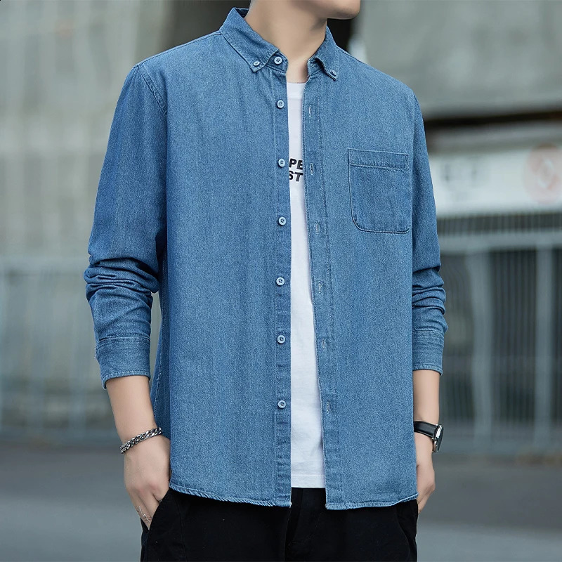 Spring Autumn Mens Denim Shirts Cotton Long Sleeve Solid Color Slim Casual Blue Streetwear Daily Jean Blouse Tops 250919