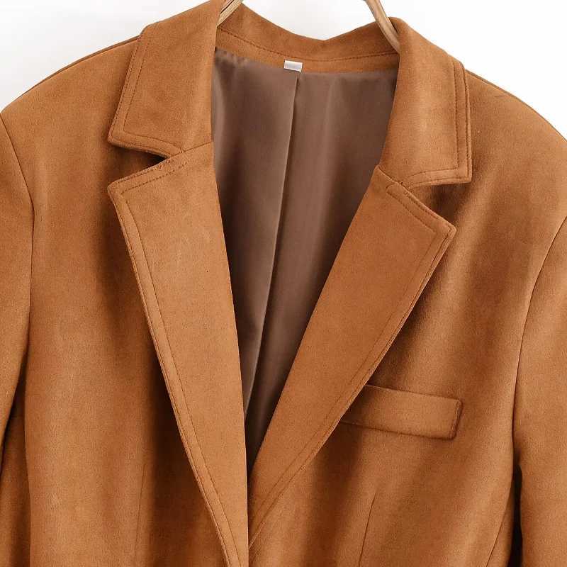 Womens Suede Jacket Solid TurnDown Collar Long Sleeve Coats Waistbelt Pockets Female 2025 New Autumn Fashion Casual Outwears Z250918