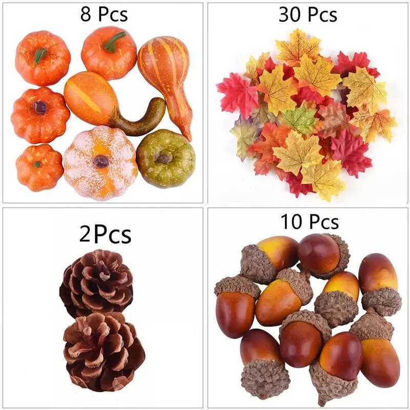 50pcs Thanksgiving Decor Artificial Pumpkins Maple Leaf Pine Cone Ornament DIY Crafts Autumn Wedding Home Decor Halloween Party C250919