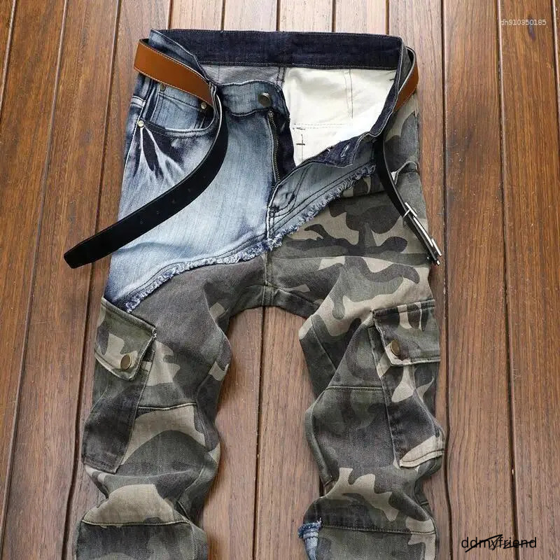 Men's Jeans Patchwork Fashion Retro Slim Fit Elastic Pencil Pants Male Denim Camouflage Cowboy Long Trousers ddmyfriend