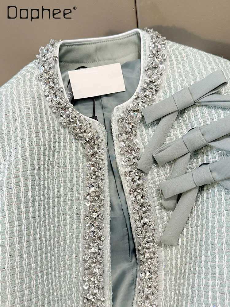 Temperament Fashion Woven Tweed Jacket Spring New Heavy Industry Rhinestone Bow Laceup Jacket Women Spring Highend Short Top Z250918