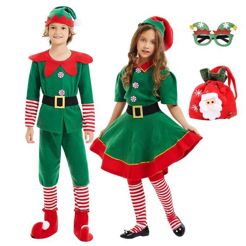 Green Elf Boys Girls Christmas Cosplay Costume Festival Santa Clause Set for Kids New Year Tops Pants Hat Belt Xmas Party Dress L250918
