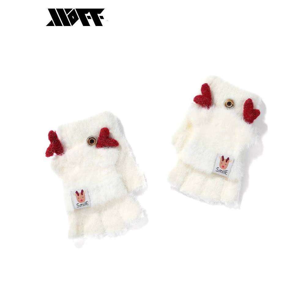 XXOFF Deer Ear Embroidered Label Button Half-Finger Flip Dual-Use Plush Women's Gloves Female Style