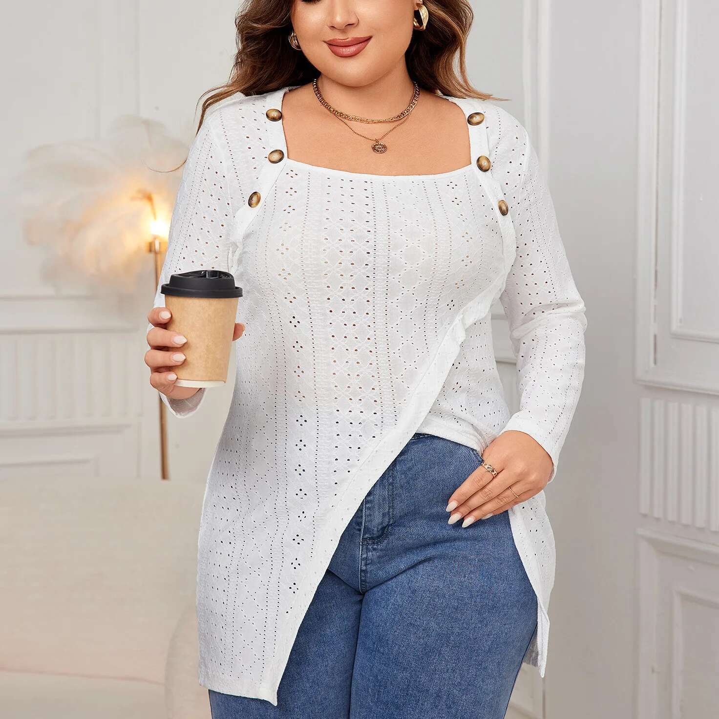 White Long-Sleeve Square-Neck Blouse Lace-Up Asymmetrical Hem Loose Fit Plus Size Shirt