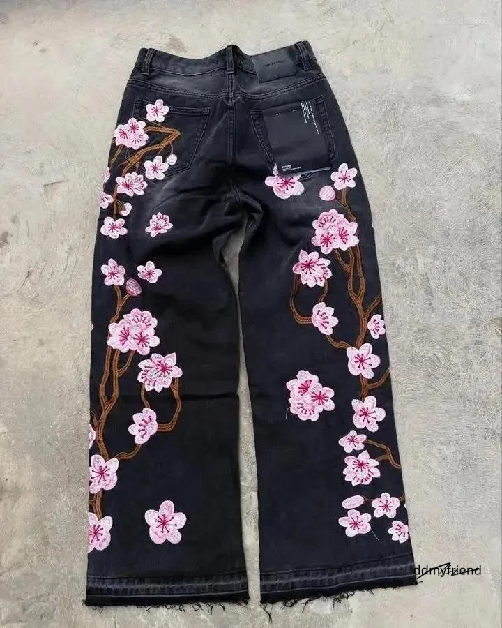 Men's Jeans Streetwear Retro Hip Hop Flower Embroidery Pattern Y2k Men And Women Casual Black Baggy Low Rise Gothic Denim Pants ddmyfriend