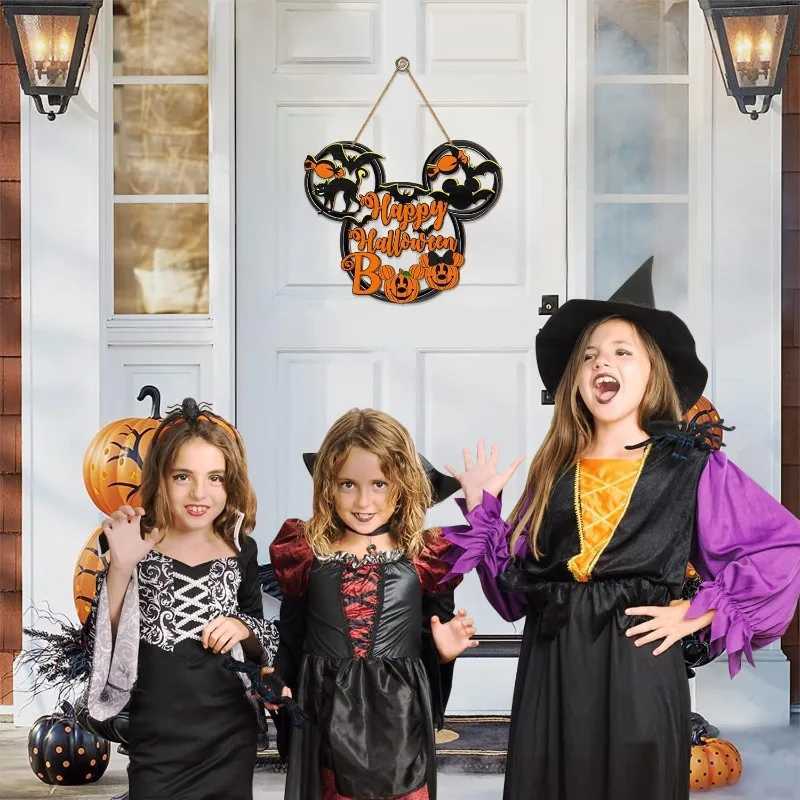 Happy Halloween Mouse Door Sign HollowOut Wooden Decor with Black Cat Mouse Bat Pumpkin BOO for Porch or Wall Hanging C250919