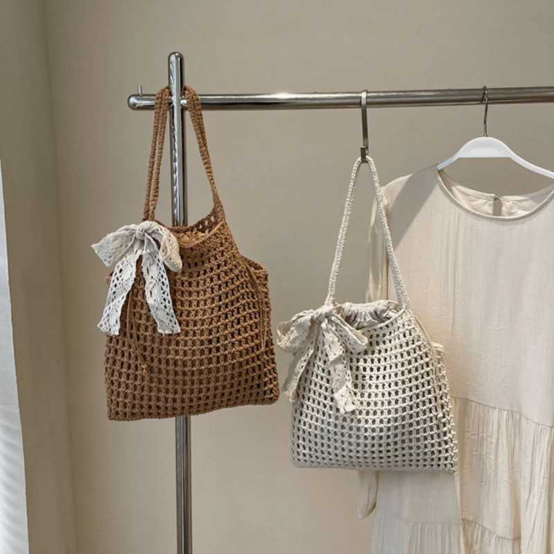 Crochet Lace Bow Tote Bag for Women Summer Beach Handbag Large Capacity Hollow Out Knitted Bags Bohemian Woven Shoulder Bag Z250915