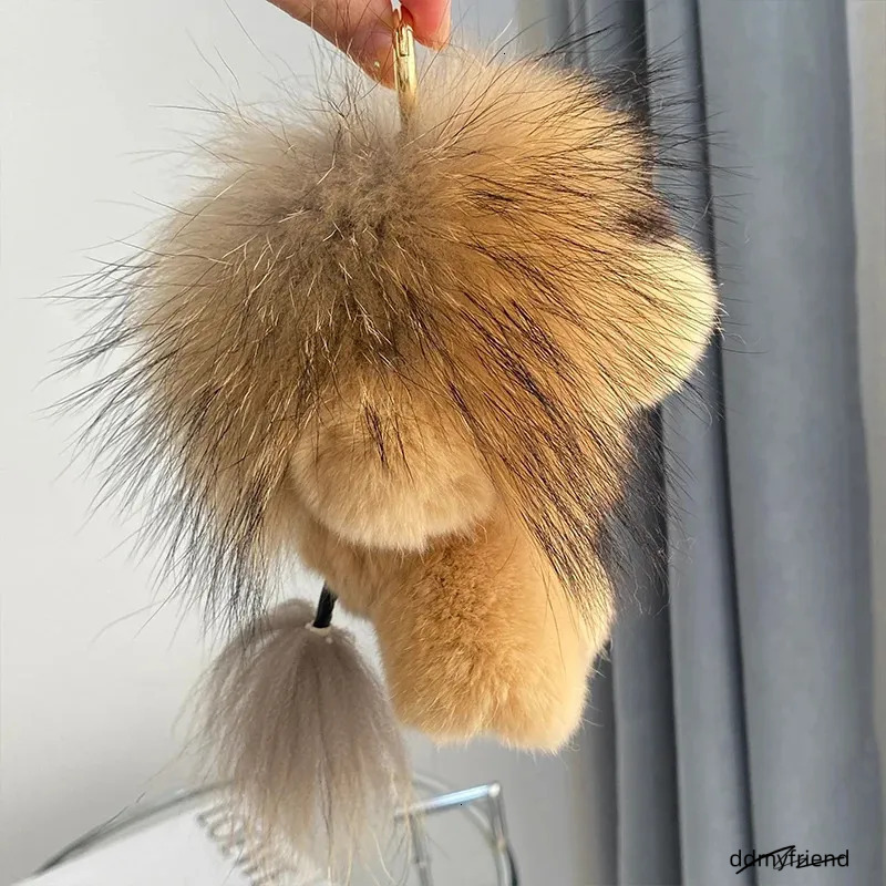 Animal Plush Keychain, Fluffy Keychain: Real Rex Rabbit Fur Simba Lion Bag Charm, Car Key Ring Ornaments, Kids Birthday Gift ddmyfriend