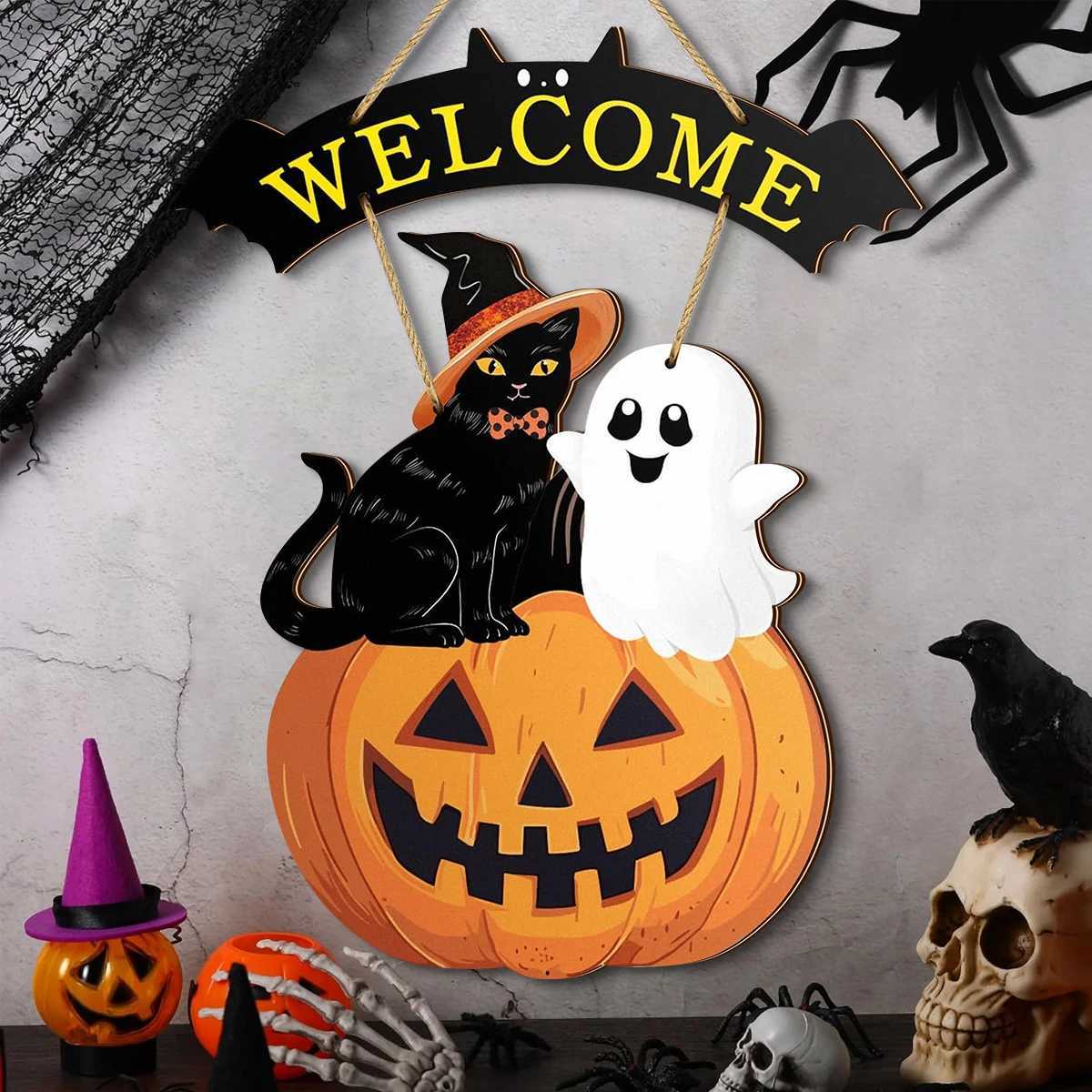 Halloween Welcome Sign with Cat Ghost and Pumpkin Festive Door Decor C250919