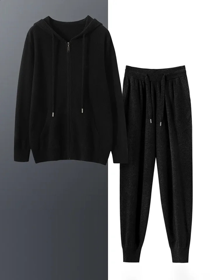 Mens 100 Pure Cashmere Hoodie TwoPiece Set HighEnd Fashion Business Leisure Sports Suit for Autumn And Winter 250916