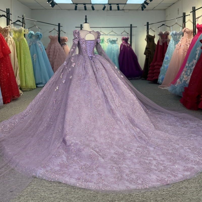 Lilac Quinceanera Dresses Off The Shoulder Sequin Applique Flower Beading Crystal With Cape Tull Party Birthday Sweet 16 Dress Vestidos De 15 Anos