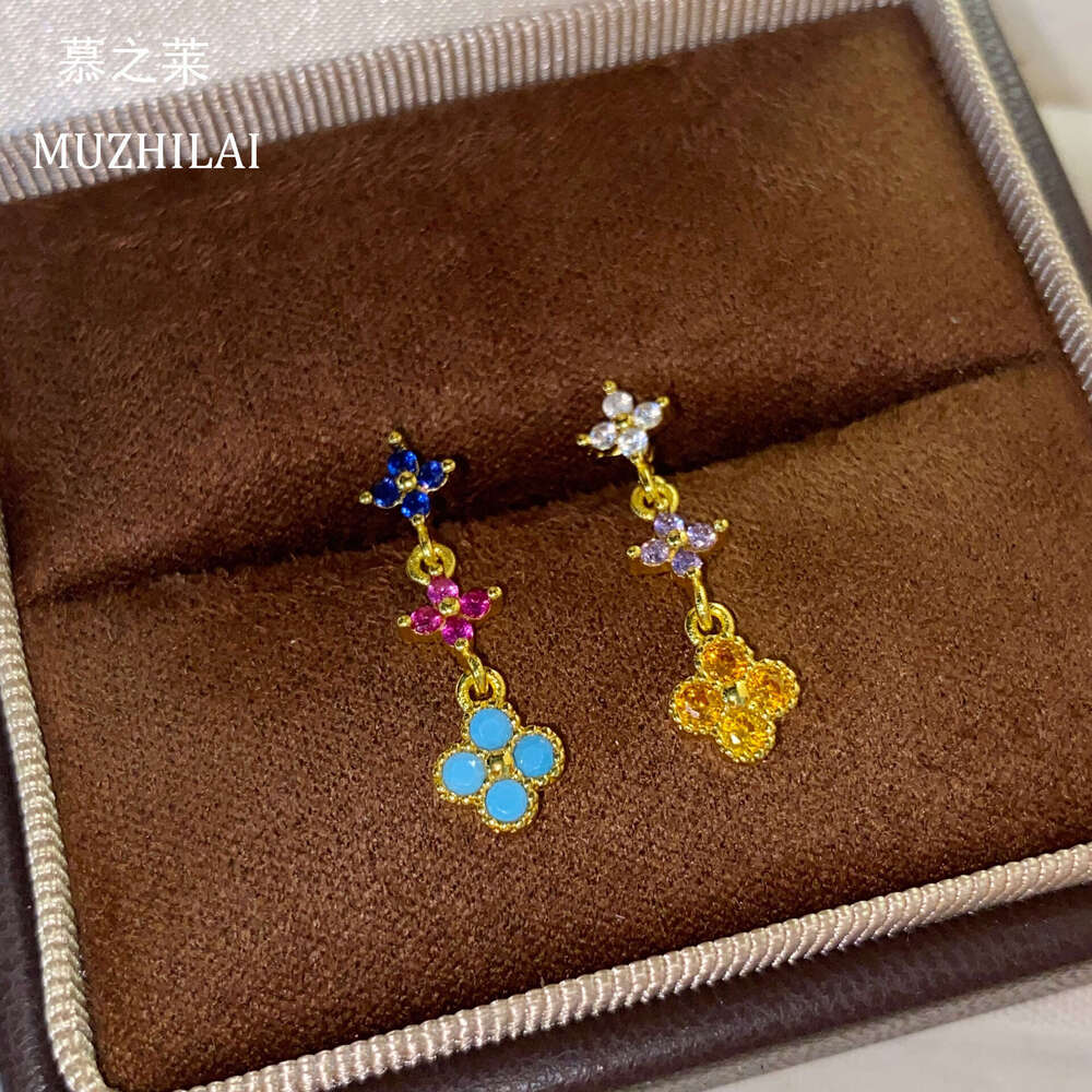 Dopamine Four-leaf Flower Summer Colorful Dia Zircon Earrings Elegant and High-end Feel