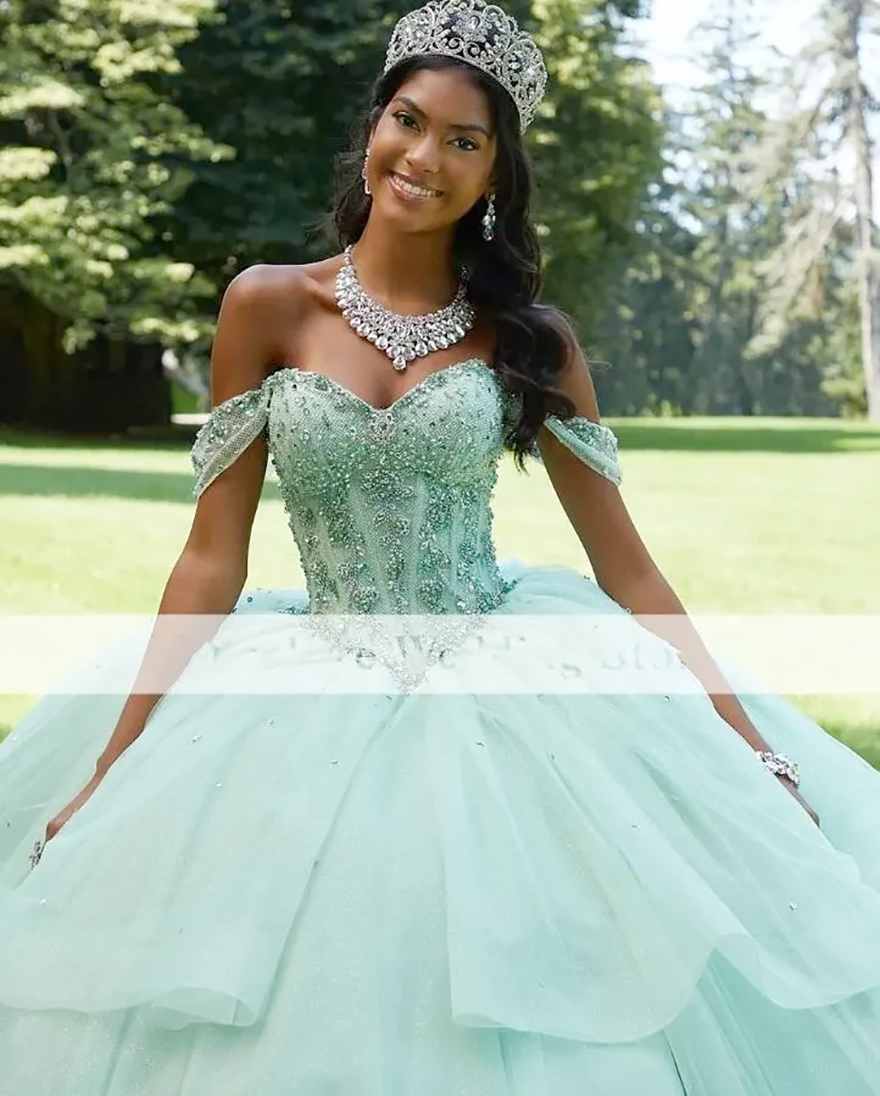 Elgant 2025 Mint Green Quinceanera Dresses Off The Shoulder Croset Back Sweet 16 Prom Gowns Pageant Dress Vestido XV Anos