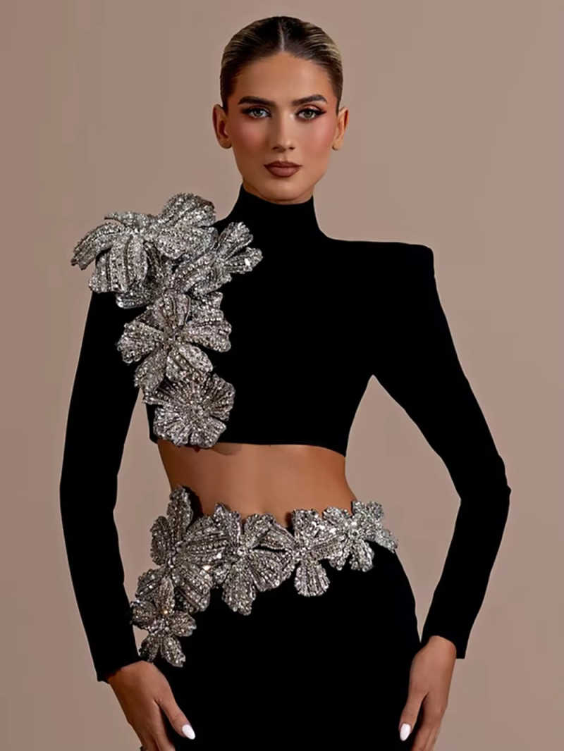 Gorgeous Black Evening Dresses 2 Pieces High Neck Long Sleeve Crystal Party Gowns Plus Size Customized Special Occasion Dresses