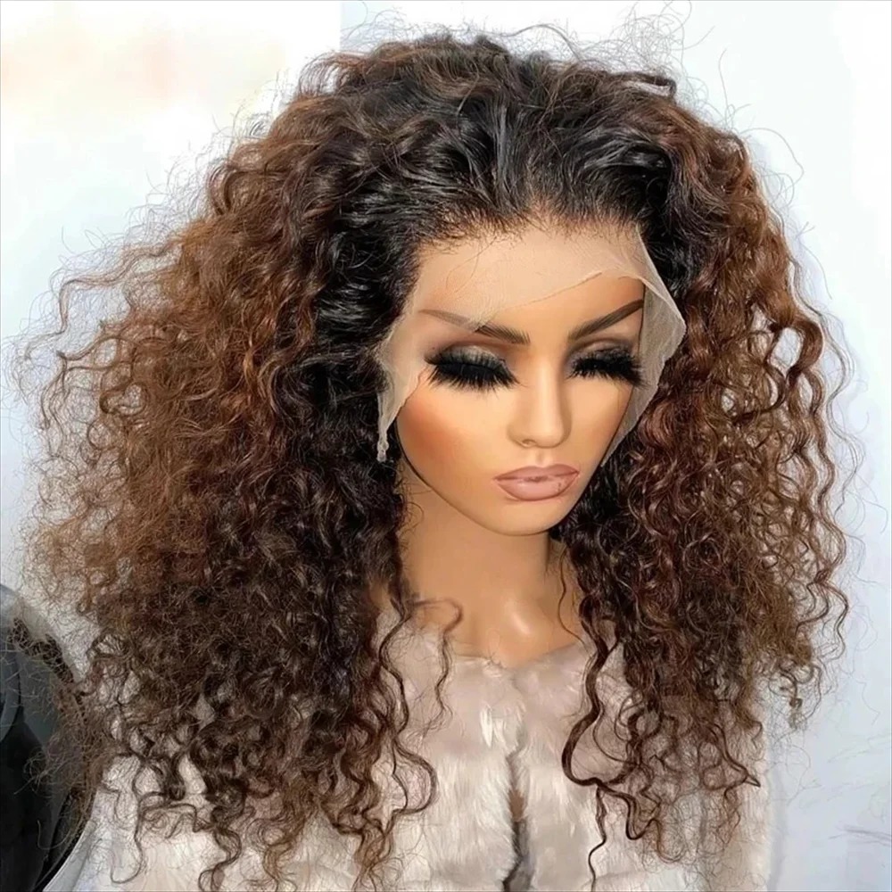 Soft Ombre Brown 180 Density 26 Inch Kinky Curly Preplucked Long Hair Wig For Women Natural Hairline Wig with Afro Baby Hair Glueless Lace Wigs Wear And Go
