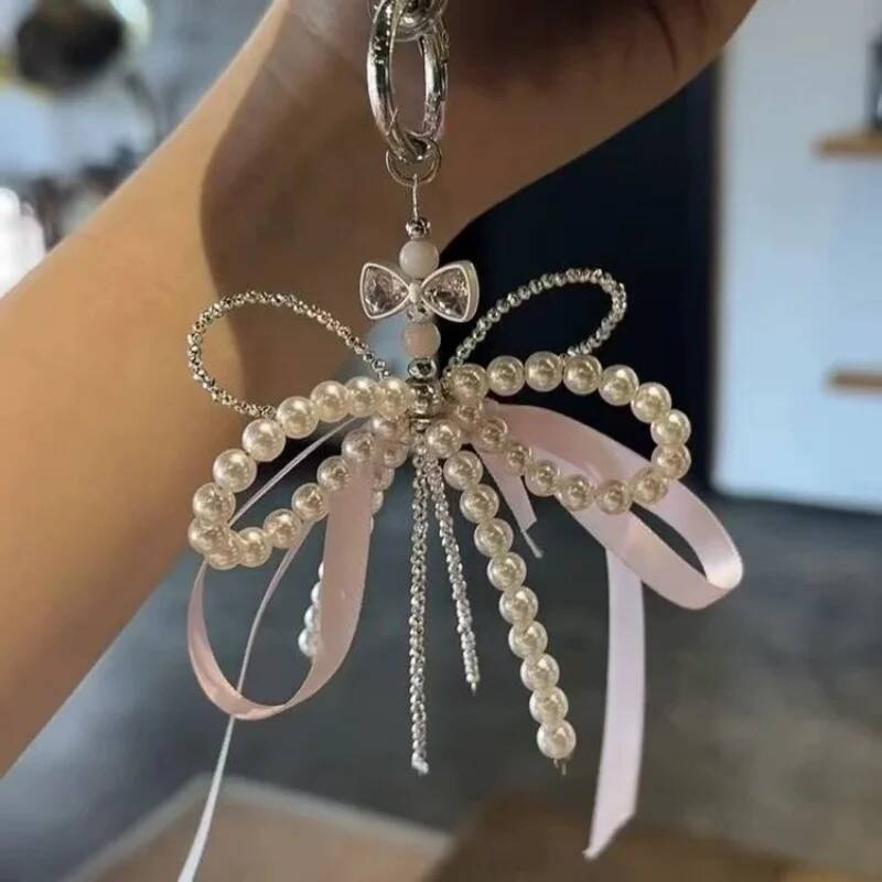 2025 New Korean Fashion Sweet Pearl Bow Keychain Phone Keyring Y2K Ins Aesthetic Holder for Girl Bag Pendant Accessories